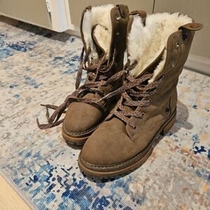Faux Shearling Lined Brown Suede Lace-Up Boots
